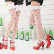 NEW Anti Slip Sexy White Silk Stockings Print RED Heart With Lace BOW