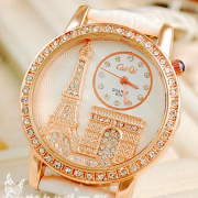 Luxury Crystal Diamond Eiffel Tower Lady Girl Quartz Wrist Dress Watch With Leather Strap Valentine's Day Gift