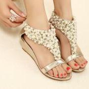 Rome shiny beaded wedge sandals low-heeled wedding shoes Item: 982268