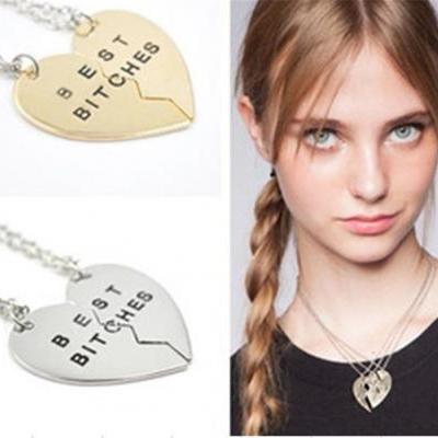 *Free Shipping* Fashion vintage Broken Heart 2 Parts Gold Best Bitches pendant Necklace Jewelry For Women
