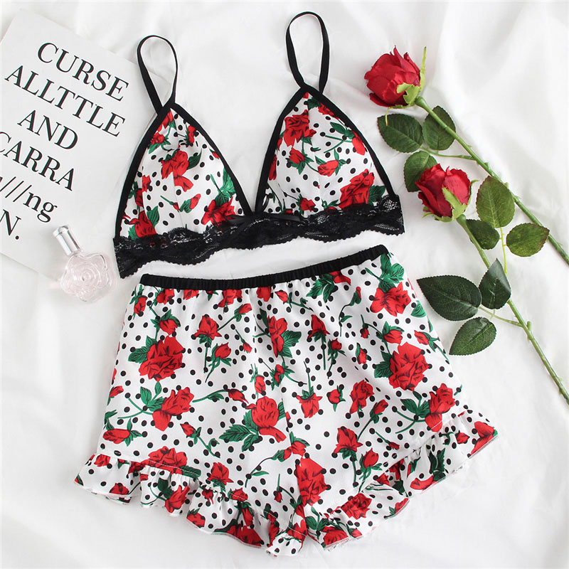 *Free Shipping* Lace Trim Floral Bra & Ruffle Hem Shorts Pajamas Set Women Polka Dot Bow Sleepwear 2018 Summer Sexy Sleepwear 32855439808