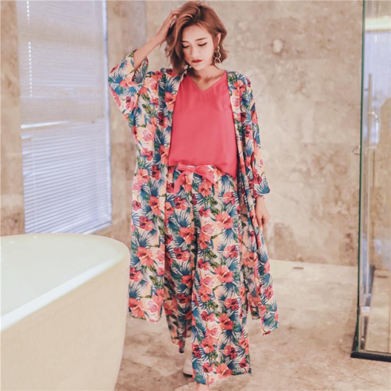 *Free Shipping* Spring And Autumn New Korean Long Sleeved Cotton Ladies Casual Sweet Sexy Suspenders Wide Leg Pants Gown Three Piece Suit 32822873399