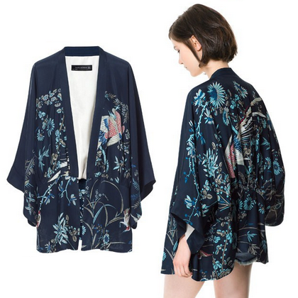 Japanese Style Navy Blue Phoenix Printing Kimono Jacket Women ...
