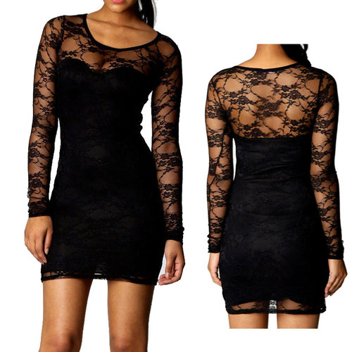 New Fashion Sexy Women Lady Floral Lace Dress Long Sleeve Cocktail Evening Mini Dress Black G0138