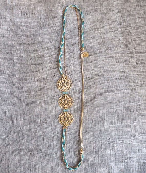 Golden flower headband braid green and blue Swarovski Crystal