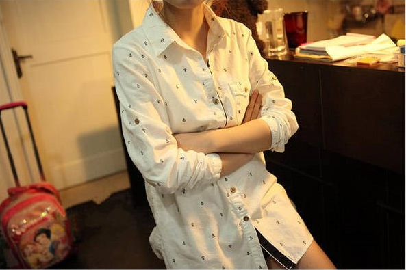  7872 # 2013 spring new female forest girl sweet Japanese anchor embroidered long-sleeved shirt bottoming shirt printing