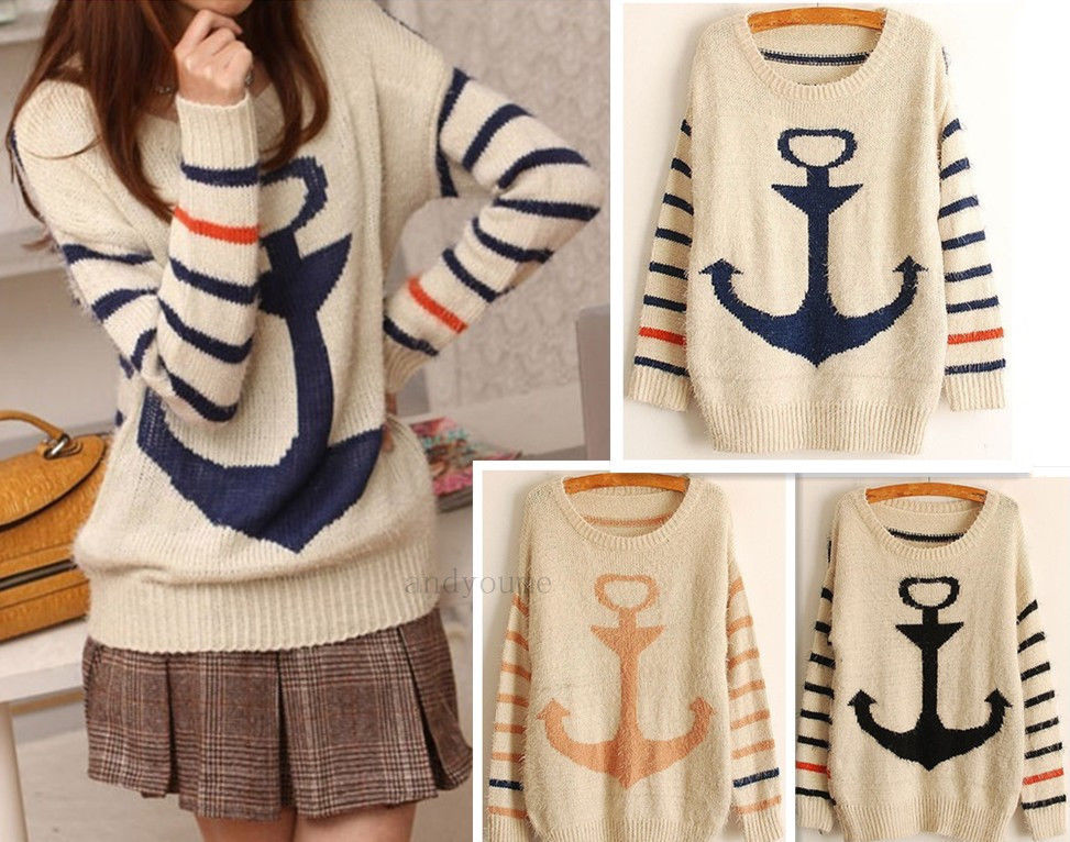 New Fashion Korea Style Women's Sweater Casual Anchor back thicker plush soft striped long sweater Top