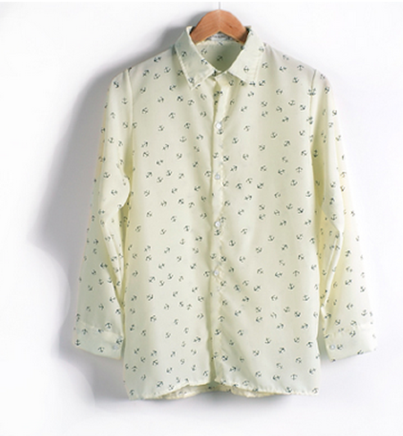 Fashion Anchor Print Turn-down Collar shirt Women Loose Chiffon Shirt Long Sleeve Top 2colors[CW010026]