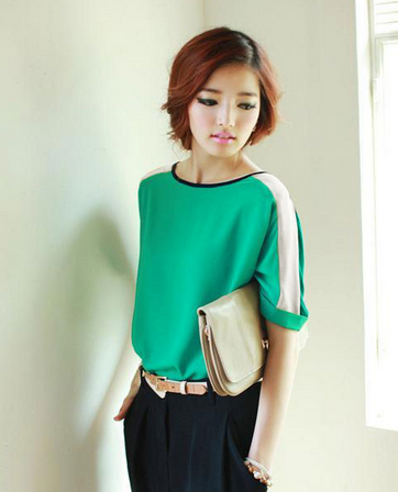 Womens Chiffon Casual Loose 3/4 Batwing Sleeve Color Block Top T-Shirt Blouse