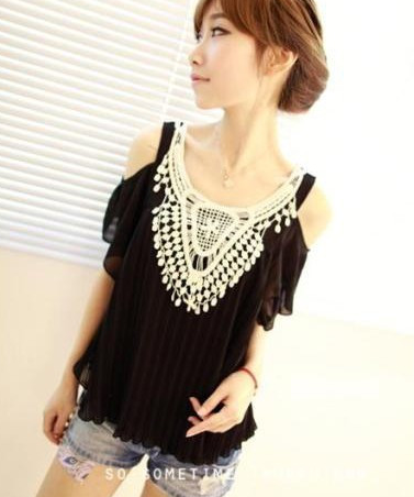 Summer Women Ladies Sexy vintage crochet lace pleated chiffon lotus leaf sleeve Off-shoulder tops Shirts [CWC00066*1]