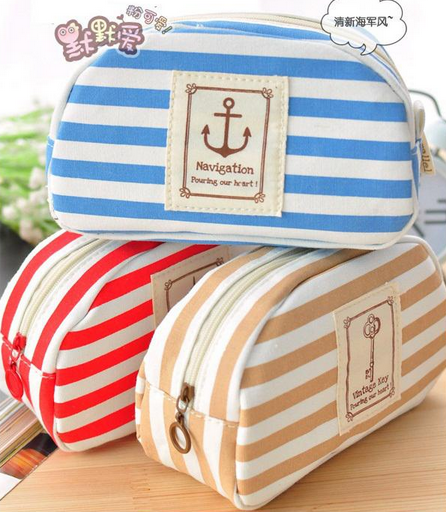A1127 Ladies Girls Striped Sailor Anchor Canvas Multifunction Pen Pencil Pockets Cosmetic Makeup Bags Cases Zip-up Blue Red Khaki