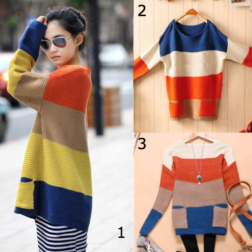 Fashion Korean Yards Loose Round Neck Striped Pocket Color Clock Sweater 3 Colors