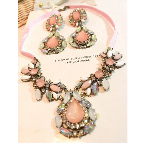 NEW 448 luxurious water-drop resin big gemstone crystal flower statement necklace+earrings bridal wedding sets