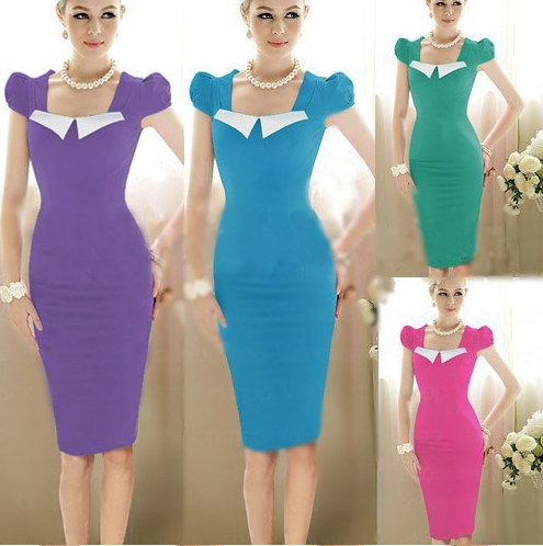 New fashion Elegant Womens Pinup Vintage Bodycon Puff Sleeve Sheath Shift Party Formal Career Pencil Knee_Length Dresses