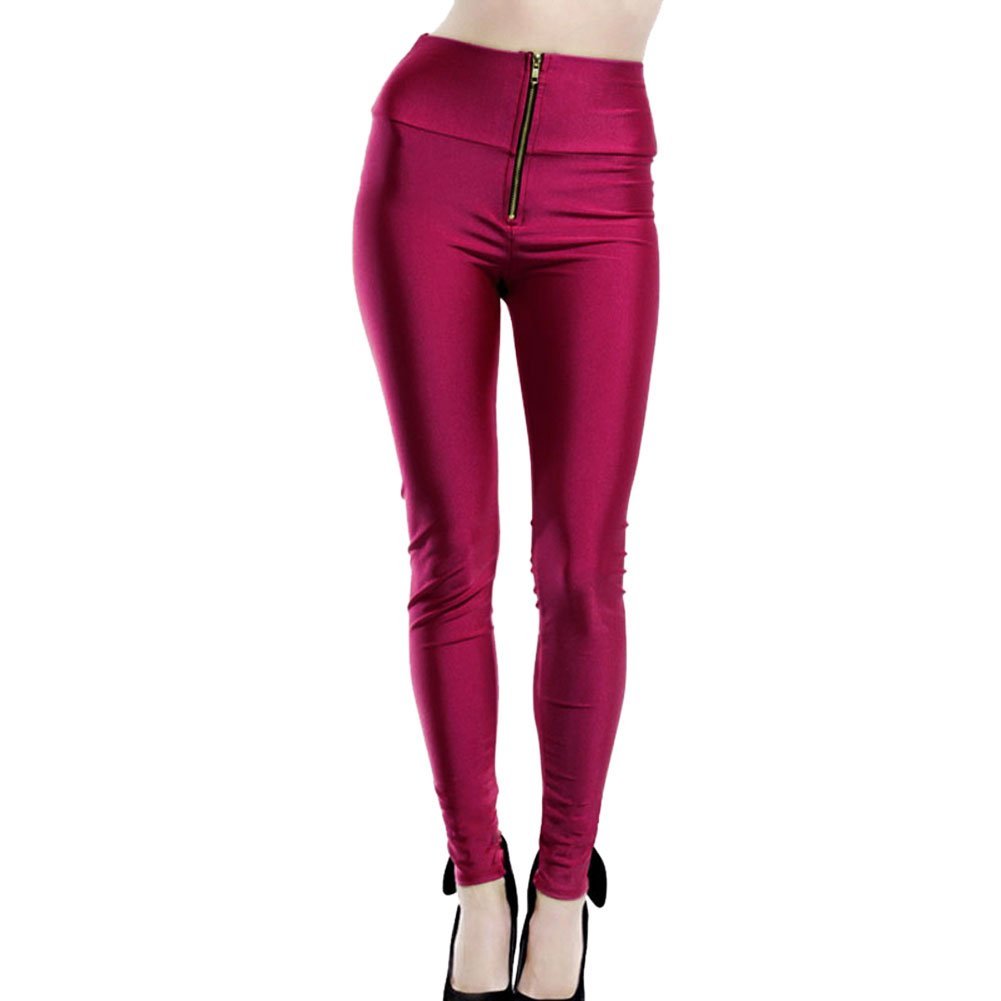 Sexy Womens Plux Size Gym Candy Colour Yogo Sport High Waisted Zip Front Wet Look Shiny Stretch Leggings Pants (kx29) 