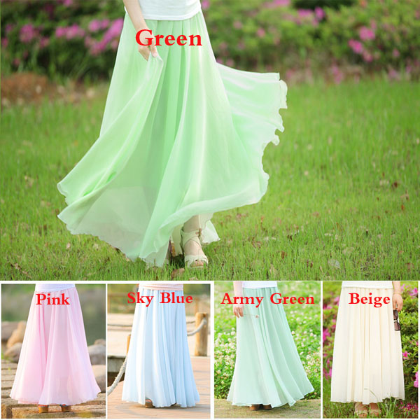 New Fashion Long Maxi Skirts For Women Bohemia Summer Pleated Chiffon Skirts Double Layer Inner Linning Solid Color S M L