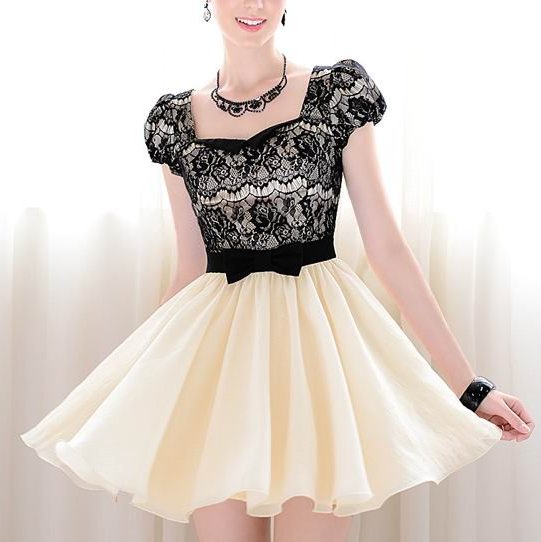 Nice quality & Promotion for 30 days!!! Fashion womens dress beige vintage dress with lace and short sleeves, size S, M, L, XL
