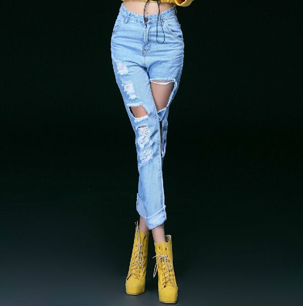 New Fashion Women High Waist Loose Destroyed Ripped Motorcycle Pants Distressed Denim Crop Jeans LJ878