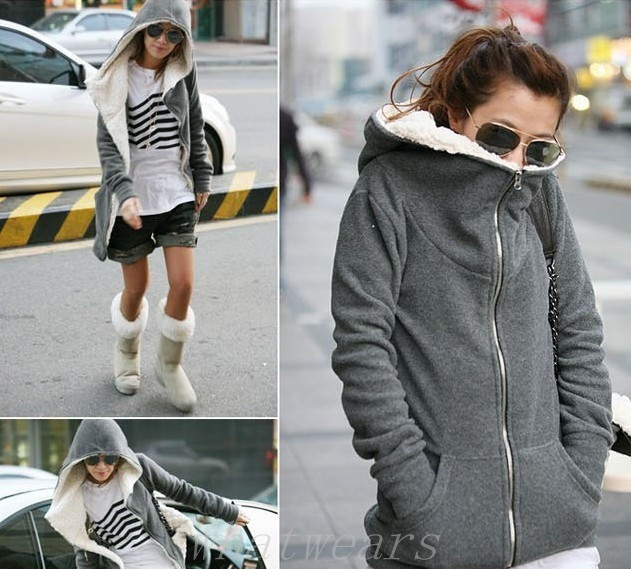 *Free Shipping* Warm Womens Thicken Jacket Coat Hoodies Outwear Black Grey M~XL [3.5 70-1067]