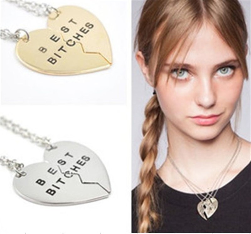 Shipping Fashion Vintage Broken Heart 2 Parts Gold Best Bitches Pendant Necklace Jewelry For 