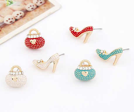 *Free Shipping* New Fashion Korean Very Cute Bags Heels Shoe Asymmetric Earrings For Women 18K Gold Plated wholesale High Quality XY-E546 2052980126 