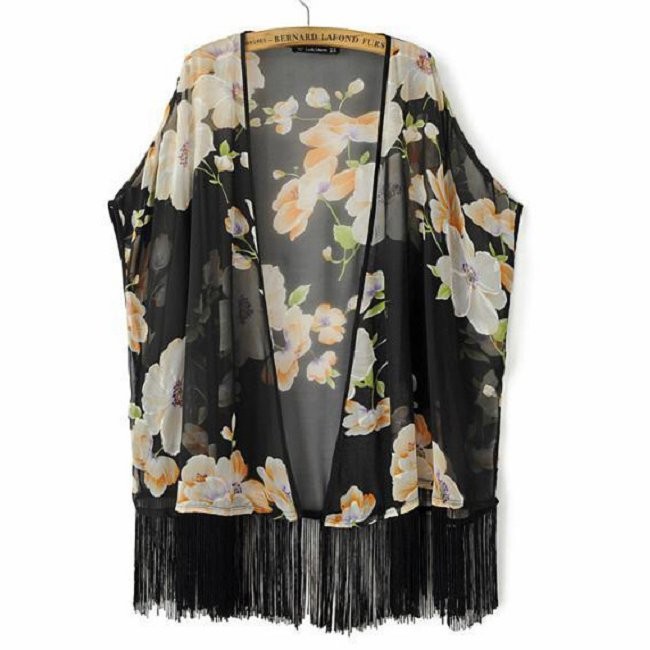 Fashion Long Chiffon blouse open black kimono cardigans for Women Flower Prints Shirts Loose fringe blouse bz655514 1977179686