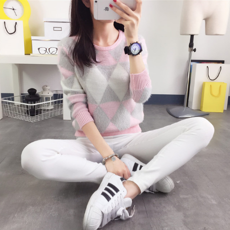 *Free Shipping* female pullovers yhkgg winter warm spring autumn fashion women sweater long-sleeved grid casual ladies sweater 32705634091