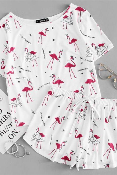 *Free Shipping* Allover Flamingo Letter Print Tee & Shorts Pajamas Set Women Round Neck Short Sleeve Preppy 2 Pieces Casual Nightwear 32852389572