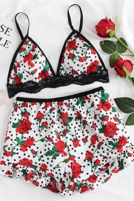 *Free Shipping* Lace Trim Floral Bra & Ruffle Hem Shorts Pajamas Set Women Polka Dot Bow Sleepwear 2018 Summer Sexy Sleepwear 32855439808