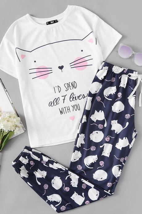 *Free Shipping* Cute Sleepwear Women Pajama Sets Women Cat Print Short Sleeve Round Neck White Tee and Blue Pants Pajama Set 32834222739