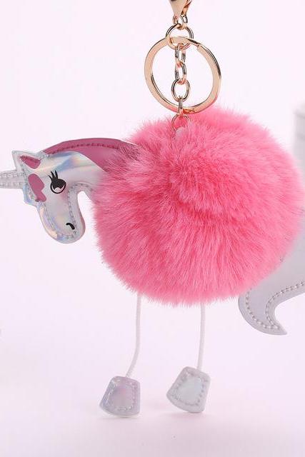 *Free Shipping* Doreen Box New Fashion Key Chains Keychain Pom Pom Woman Man Bags Car Key Rings Cartoon Horse Pink Blue Red Gray 1Piece 32816539275