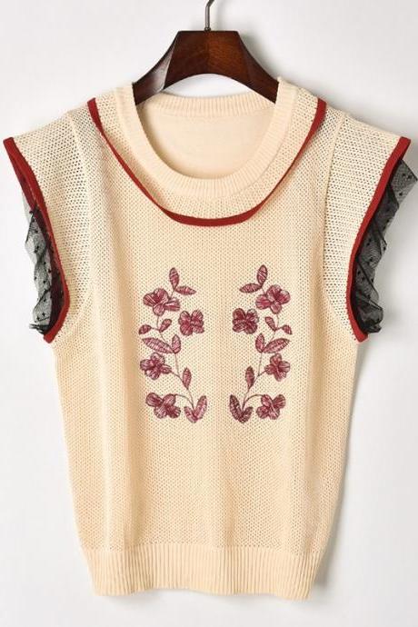 Ou Fan pick hollow embroidery mesh lace aircraft sleeve T-shirt 32864188759