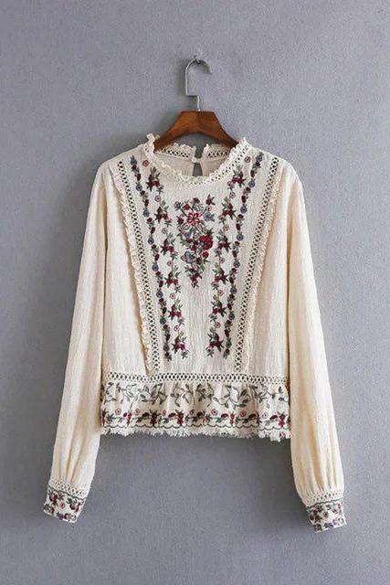 Floral Embroidered Ruffled Neck Long Cuffed Sleeves Blouse Featuring Frayed Hem 