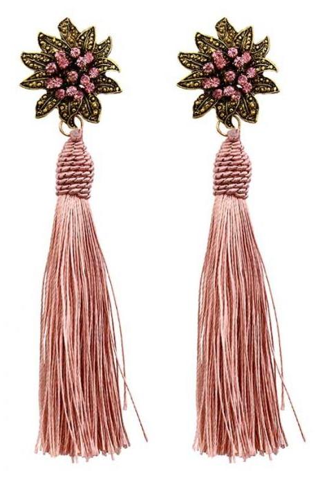 *Free Shipping* Ethnic Vintage Big Yellow Long Tassel Earrings Maxi Green Silk Thread Ethnic Crystal Flower Earrings For Women Jewelry Gift 32851056362