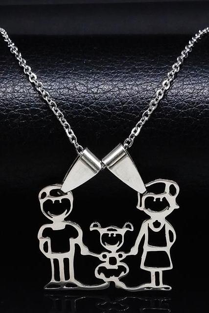 *Free Shipping* Stainless Steel Necklace Mama Family Necklaces Jewelry Silver Color Love Boy Girl Pendant Choker Necklace Women Gift N2201 32689213809