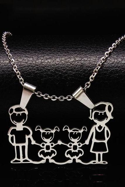 *Free Shipping* Stainless Steel Necklace Mama Family Necklaces Jewelry Silver Color Love Boy Girl Pendant Choker Necklace Women Gift N2201 32689213809