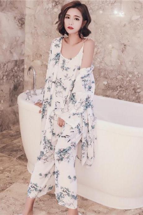 *Free Shipping* Korean Foreign Trade Retro Wind Three Piece Home Furnishing Lazy Sexy Clothes Sling Wide Leg Pants Pajamas Cotton Silk Robe 32822861460