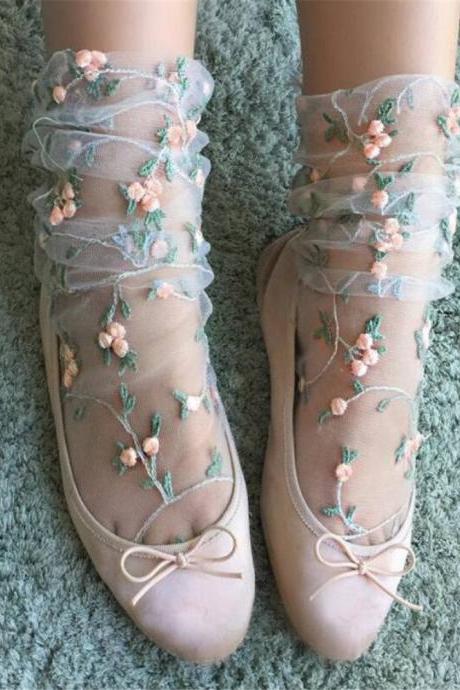 Vintage Women Ruffle Bow Fishnet Ankle High Socks Retro Mesh Lace Floral Fish Net Short Socks 32988268581