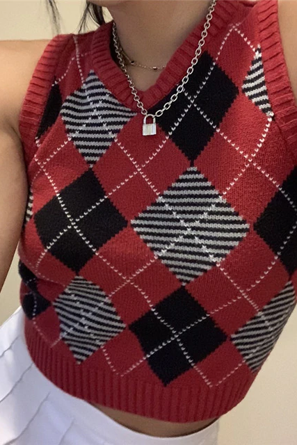 V Neck Vintage Argyle Sweater Vest Women Black Sleeveless Plaid Knitted Crop Sweaters Casual Autumn Preppy Style Red 1005001316107122