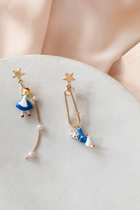 Girl Fairy Tale Rabbit Alice Earring asymmetric enamel cute Stud Earrings Dream Bunny Fun women jewelry 1005001917717320