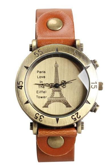 *Free Shipping* Retro Women Watch Eiffel Tower Face Quartz Wristwatch Light Brown Leather Strap Wrist Watch BS88 1915062044