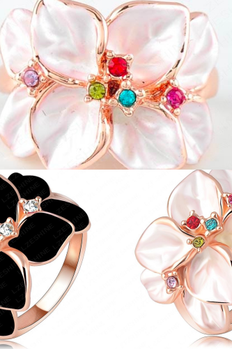 *Free Shipping* LZESHINE Christmas Big Sale Jewelry Ring 18K Rose Gold Plt Austrian Crystal White Enamel Flower Ring for Women anillos Ri-HQ1006