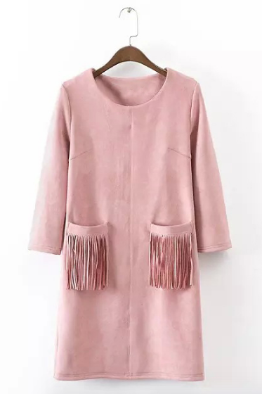 *Free Shipping* autumn winter new women's pocket tassels fringed pink black khaki blue faux suede dress long sleeve 32515453853