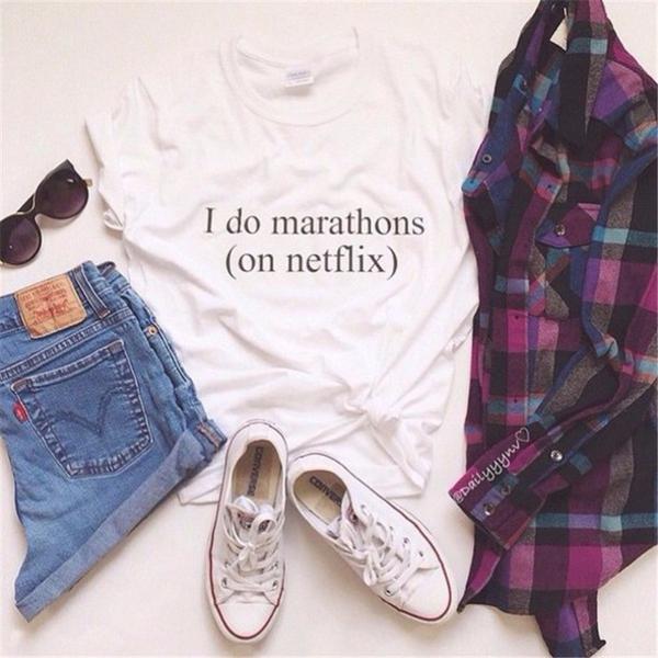*Free Shipping* Hipster Stylish Women's Casual Black White Letters I Do Marathons On Netflix Printing Cotton T-shirt 32662113249