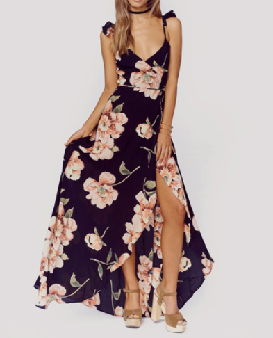 Floral Print Plunge V Wrap Maxi Dress Featuring Ruffled Straps on Luulla